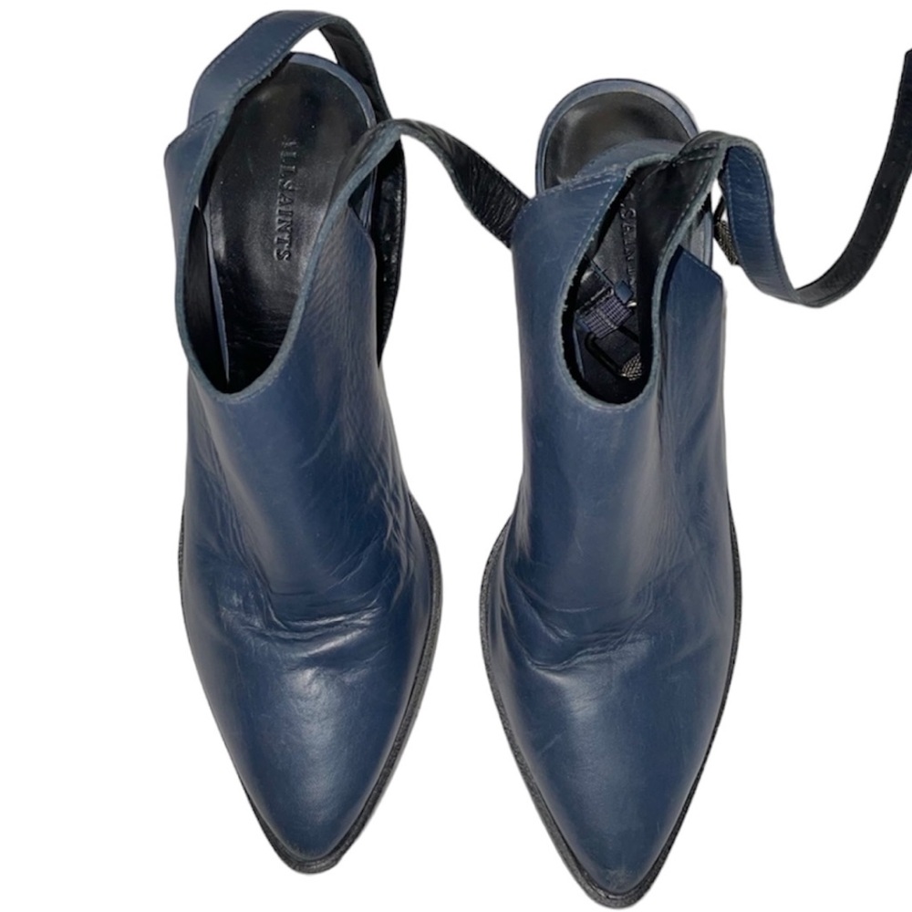 All Saints Navy Blue Leather Point toe sling back heels